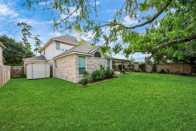 30103 Canyon Branch Ct, Spring, TX 77386 - rear view of house featuring a shed, a fenced backyard, roof with shingles, a chimney, and brick siding