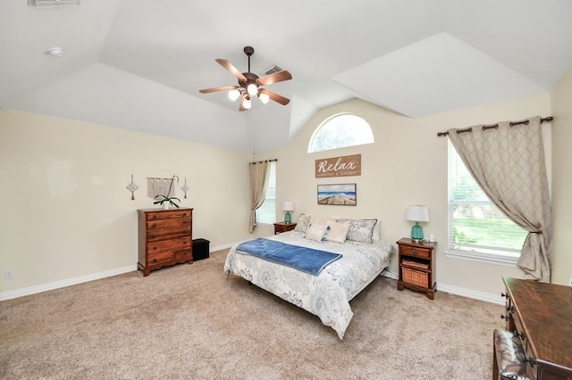 30103 Canyon Branch Ct, Spring, TX 77386 - bedroom featuring light colored carpet, vaulted ceiling, and ceiling fan