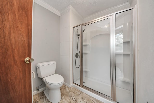 3515 Kansas St, Fresno, TX 77545 - bathroom featuring a shower stall, ornamental molding, and marble finish floors