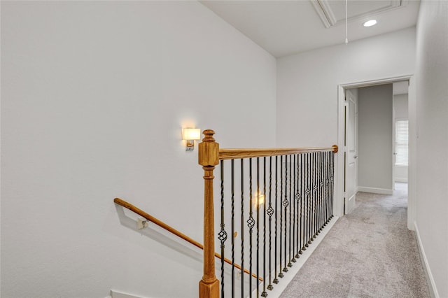 2904 Chenevert St Unit J, Houston, TX 77004 - hallway with attic access, an upstairs landing, carpet flooring, and recessed lighting