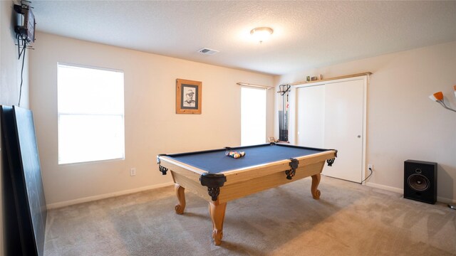 18527 Grove Brook Ln, Cypress, TX 77429 - rec room with plenty of natural light, billiards table, carpet flooring, and a textured ceiling