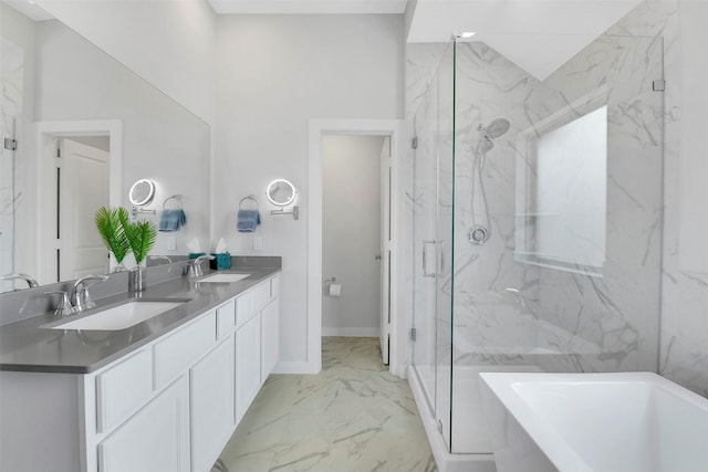 16634 Lake Austin St, Cypress, TX 77433 - full bath with marble look tiles, a freestanding tub, a marble finish shower, and double vanity