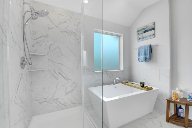 16634 Lake Austin St, Cypress, TX 77433 - full bath with marble finish floors, a soaking tub, a marble finish shower, vaulted ceiling, and tile walls