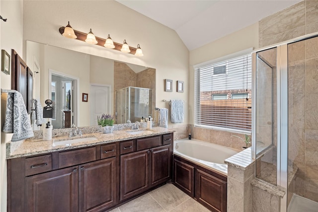 19718 Yellow Hibiscus Ln, Cypress, TX 77433 - bathroom with a shower stall, a bath, double vanity, and lofted ceiling