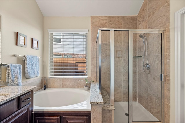 19718 Yellow Hibiscus Ln, Cypress, TX 77433 - bathroom featuring a garden tub, vanity, and a shower stall