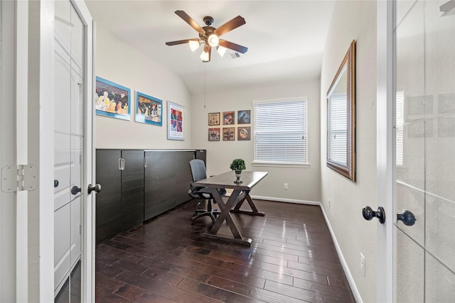19718 Yellow Hibiscus Ln, Cypress, TX 77433 - office space with a ceiling fan, dark wood-style flooring, lofted ceiling, and french doors
