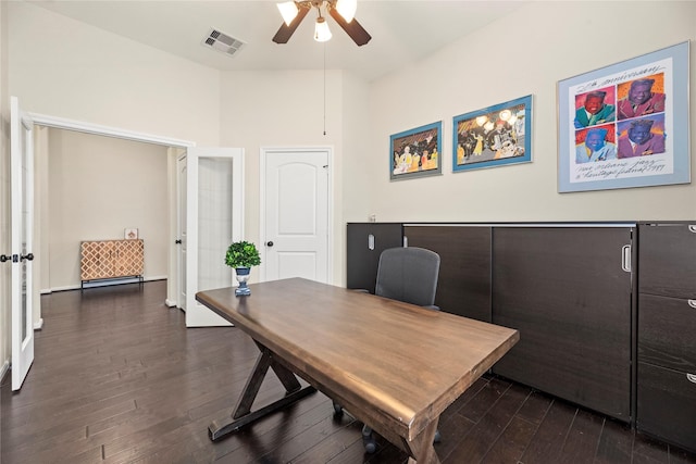 19718 Yellow Hibiscus Ln, Cypress, TX 77433 - home office featuring a ceiling fan and dark wood-style floors