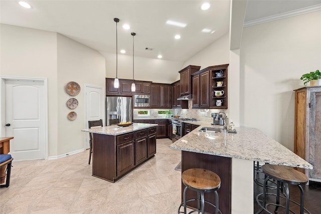 19718 Yellow Hibiscus Ln, Cypress, TX 77433 - kitchen with stainless steel appliances, a kitchen breakfast bar, dark brown cabinetry, light stone countertops, and open shelves