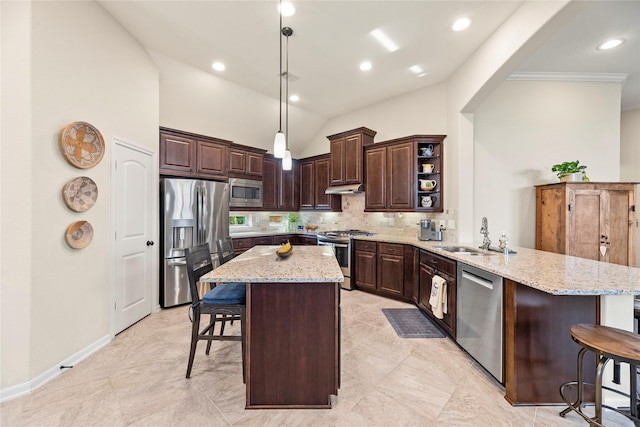 19718 Yellow Hibiscus Ln, Cypress, TX 77433 - kitchen featuring stainless steel appliances, a breakfast bar area, dark brown cabinetry, under cabinet range hood, and a peninsula