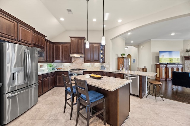 19718 Yellow Hibiscus Ln, Cypress, TX 77433 - kitchen featuring stainless steel appliances, a peninsula, arched walkways, a breakfast bar, and dark brown cabinetry