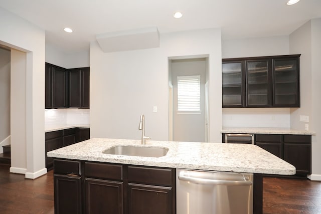 5120 Larkin St, Houston, TX 77007 - kitchen featuring dishwasher, dark wood-style floors, light stone counters, recessed lighting, and glass insert cabinets
