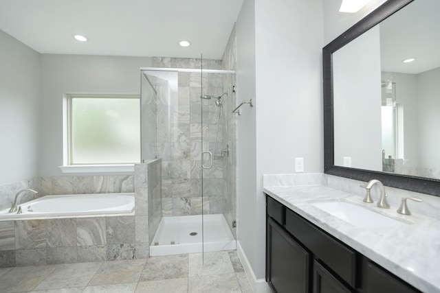 5120 Larkin St, Houston, TX 77007 - bathroom featuring vanity, a bath, a stall shower, and recessed lighting