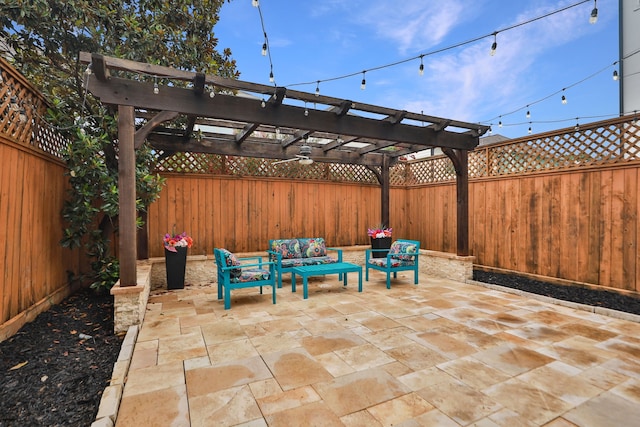 5120 Larkin St, Houston, TX 77007 - fenced backyard with an outdoor living space, a pergola, and a patio