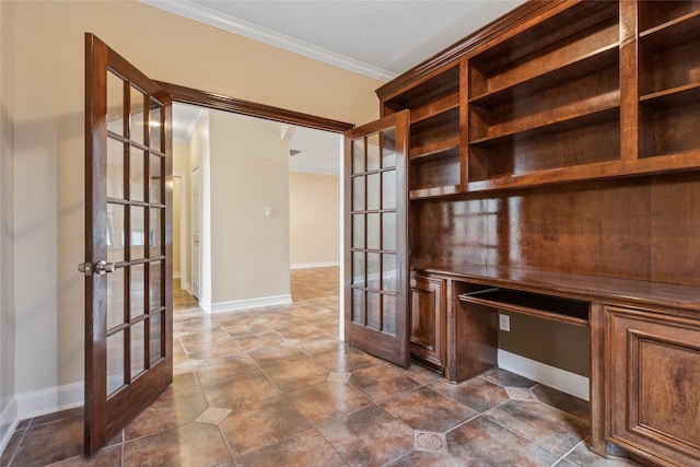8666 Pearl Point St, Houston, TX 77044 - unfurnished office with french doors, crown molding, and built in desk