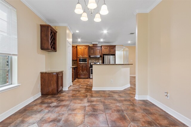 8666 Pearl Point St, Houston, TX 77044 - kitchen featuring stainless steel appliances, ornamental molding, a chandelier, backsplash, and brown cabinets