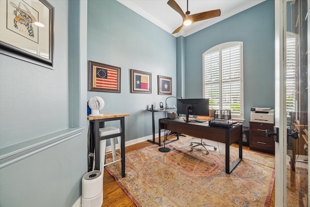 14002 Winding Springs Dr, Cypress, TX 77429 - office featuring a ceiling fan, ornamental molding, and wood finished floors