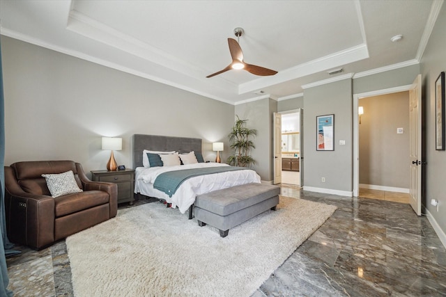 14002 Winding Springs Dr, Cypress, TX 77429 - bedroom featuring a raised ceiling, marble tiled flooring, crown molding, ensuite bath, and ceiling fan