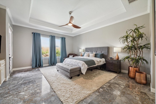 14002 Winding Springs Dr, Cypress, TX 77429 - bedroom with a raised ceiling, crown molding, a ceiling fan, and marble finish floors
