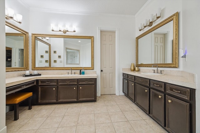 14002 Winding Springs Dr, Cypress, TX 77429 - bathroom with two vanities, ornamental molding, and tile patterned flooring