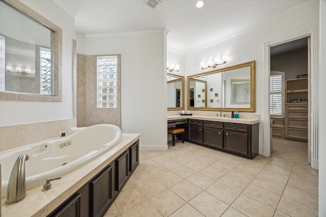 14002 Winding Springs Dr, Cypress, TX 77429 - full bath featuring vanity, crown molding, a whirlpool tub, tile patterned floors, and a spacious closet