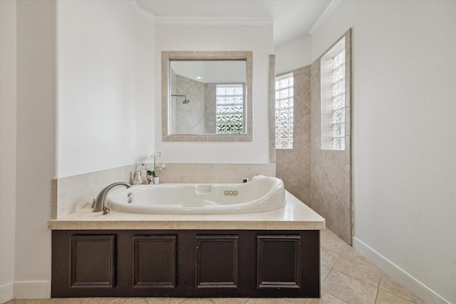 14002 Winding Springs Dr, Cypress, TX 77429 - full bathroom featuring a garden tub, a walk in shower, ornamental molding, and tile patterned flooring