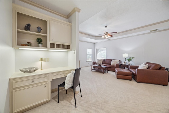 14002 Winding Springs Dr, Cypress, TX 77429 - office area featuring built in desk, light colored carpet, a ceiling fan, and ornamental molding