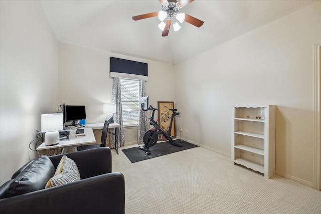 14002 Winding Springs Dr, Cypress, TX 77429 - office with light carpet, a ceiling fan, and lofted ceiling