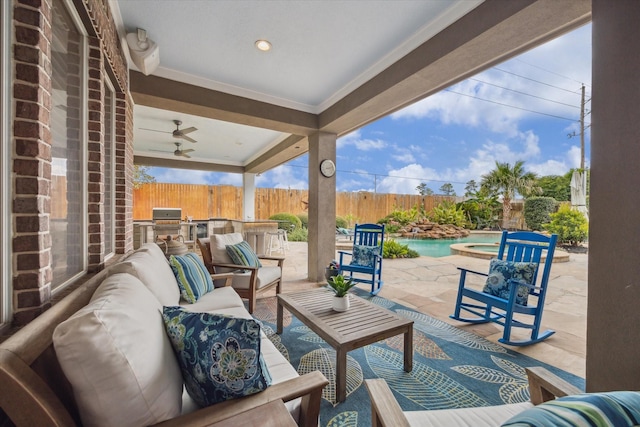 14002 Winding Springs Dr, Cypress, TX 77429 - fenced backyard with an outdoor kitchen, an outdoor living space, a patio area, ceiling fan, and a pool with connected hot tub