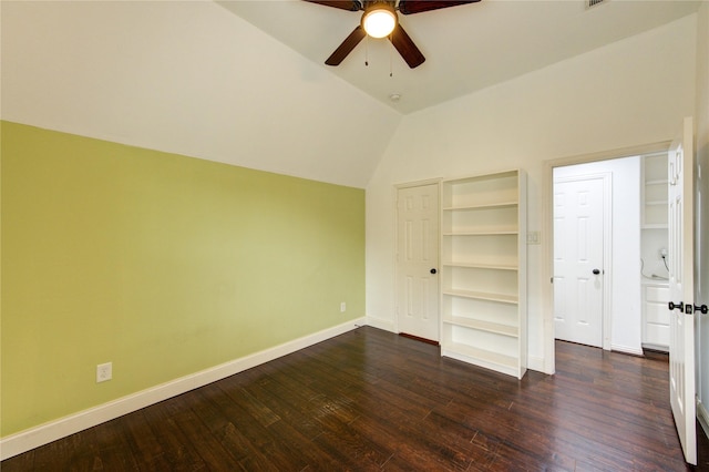 27818 Pinpoint Crossing Dr, Katy, TX 77494 - unfurnished bedroom with vaulted ceiling, dark wood-style floors, and a ceiling fan