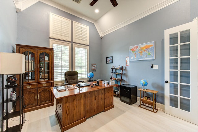 27818 Pinpoint Crossing Dr, Katy, TX 77494 - office space with crown molding, ceiling fan, light wood finished floors, and high vaulted ceiling