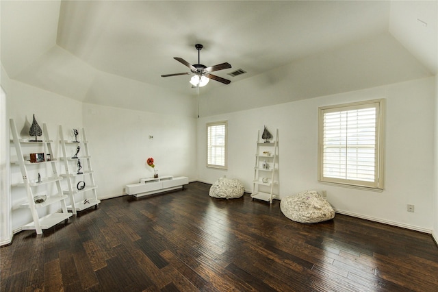27818 Pinpoint Crossing Dr, Katy, TX 77494 - interior space with a ceiling fan, vaulted ceiling, and wood-type flooring
