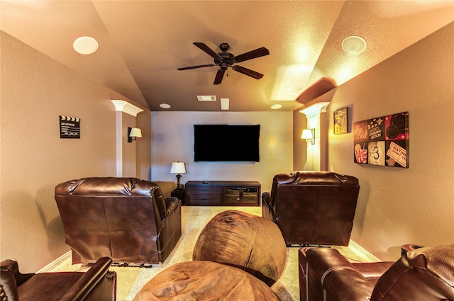 27818 Pinpoint Crossing Dr, Katy, TX 77494 - carpeted cinema with a textured wall, ceiling fan, and vaulted ceiling
