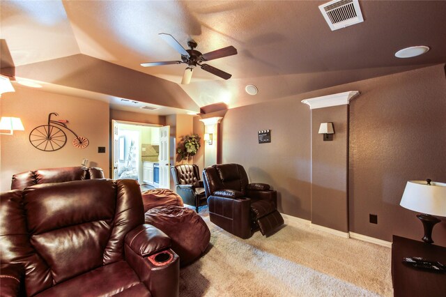 27818 Pinpoint Crossing Dr, Katy, TX 77494 - living room featuring ceiling fan, carpet floors, and vaulted ceiling