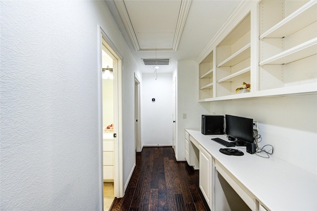 27818 Pinpoint Crossing Dr, Katy, TX 77494 - office space featuring attic access, dark wood-style flooring, and built in desk