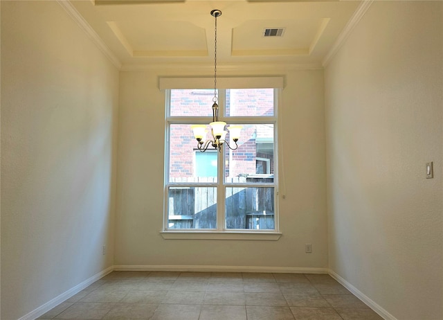 22106 Flashing Ridge Dr, Spring, TX 77389 - unfurnished dining area featuring a chandelier, crown molding, light tile patterned flooring, and a raised ceiling
