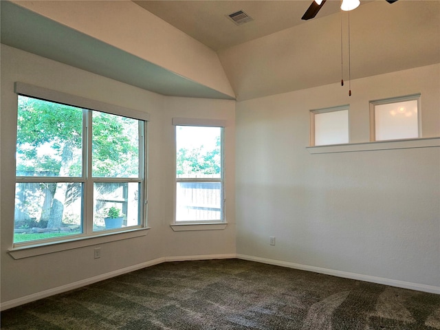 22106 Flashing Ridge Dr, Spring, TX 77389 - empty room with dark carpet, a ceiling fan, and lofted ceiling