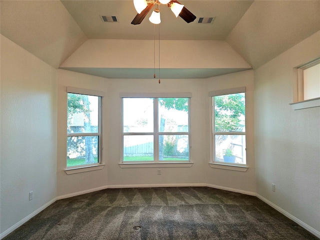 22106 Flashing Ridge Dr, Spring, TX 77389 - unfurnished room with a ceiling fan, dark carpet, and lofted ceiling