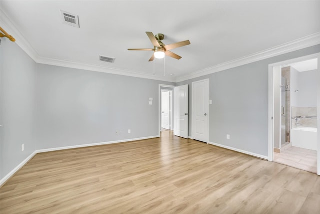 21614 Bowcreek Ln, Katy, TX 77449 - unfurnished bedroom with light wood finished floors, ornamental molding, ensuite bath, and ceiling fan