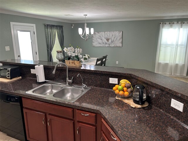 11618 Wren Crossing Dr, Houston, TX 77038 - kitchen featuring black dishwasher, dark countertops, crown molding, a chandelier, and decorative light fixtures