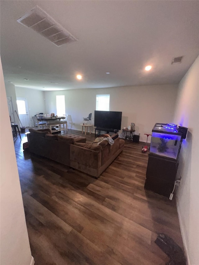 23830 Seeded Meadow Ct, Hockley, TX 77447 - living area featuring dark wood-style flooring and recessed lighting
