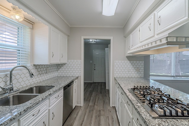 206 Enchanted River Dr, Spring, TX 77388 - kitchen with stainless steel appliances, under cabinet range hood, white cabinets, light wood-style flooring, and crown molding