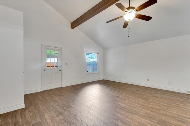 32 Sarita Rd, Angleton, TX 77515 - unfurnished living room featuring beam ceiling, ceiling fan, wood finished floors, and high vaulted ceiling