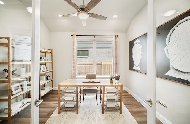 16035 Tangled Vine Ln, Conroe, TX 77302 - home office with lofted ceiling, ceiling fan, wood finished floors, and recessed lighting