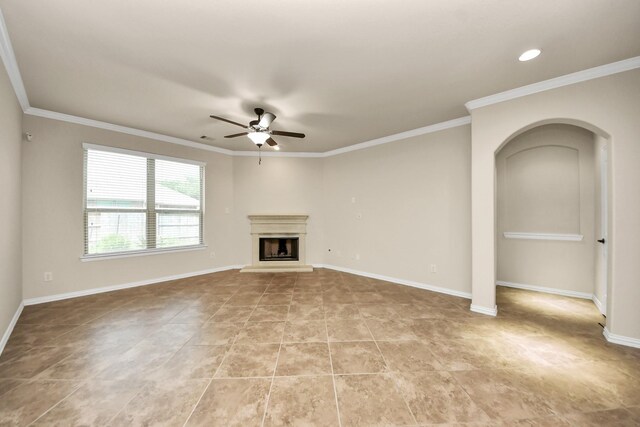 12131 Cove Ridge Ln, Cypress, TX 77433 - unfurnished living room with a ceiling fan, a fireplace with raised hearth, ornamental molding, and light tile patterned floors