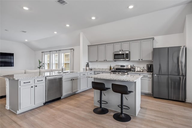 24107 Avocet Creek Rd, Katy, TX 77493 - kitchen with stainless steel appliances, lofted ceiling, gray cabinetry, light wood-type flooring, and recessed lighting