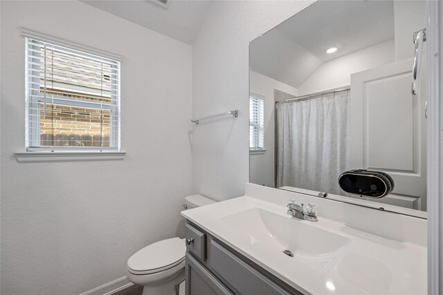 24107 Avocet Creek Rd, Katy, TX 77493 - bathroom with vanity, vaulted ceiling, and a shower with shower curtain