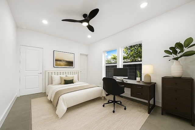2122 Oatfield Dr, Houston, TX 77018 - bedroom featuring tile patterned floors, a desk, recessed lighting, and a ceiling fan