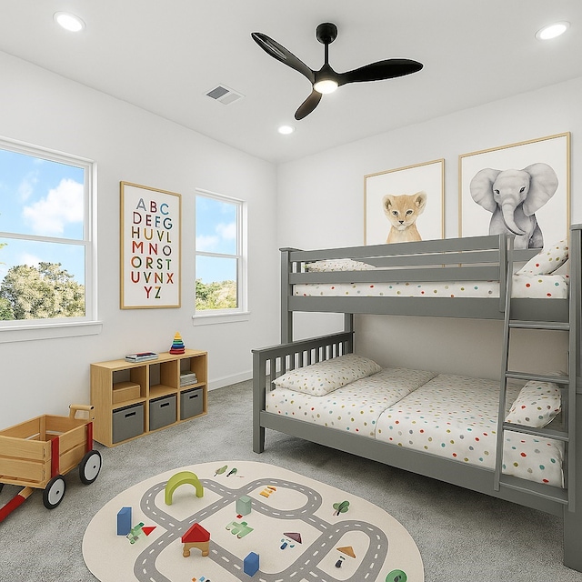 2122 Oatfield Dr, Houston, TX 77018 - bedroom with carpet floors, recessed lighting, and ceiling fan