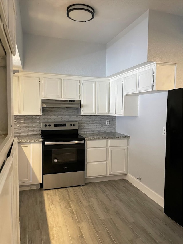 8703 Victorian Village Dr Unit 8703, Houston, TX 77071 - kitchen featuring stainless steel electric range oven, under cabinet range hood, light wood-type flooring, and decorative backsplash