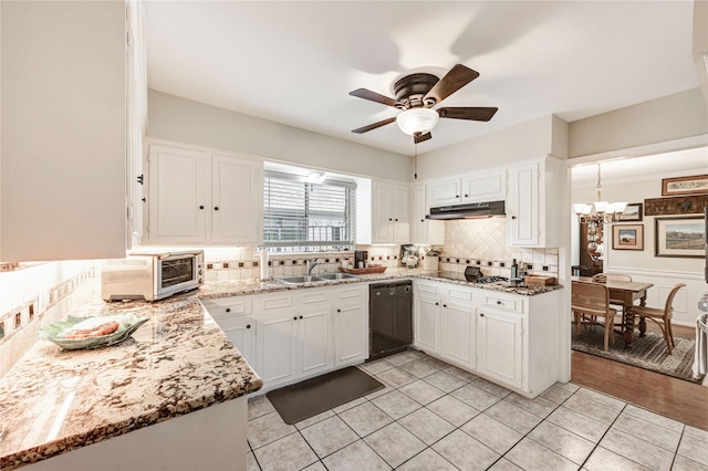 2602 Briarbrook Dr, Houston, TX 77042 - kitchen featuring dishwasher, white cabinets, backsplash, ceiling fan, and a chandelier